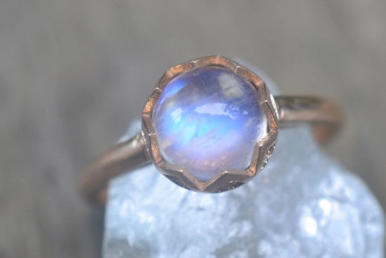14K Rose Gold Bezel Set Rainbow Moonstone Ring