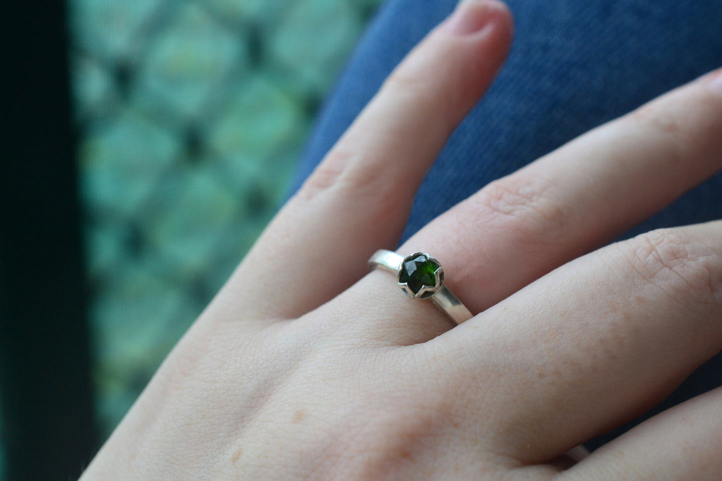 Green Tourmaline Ring, 5mm Rose Cut Stone, 925 Silver Cathedral Band