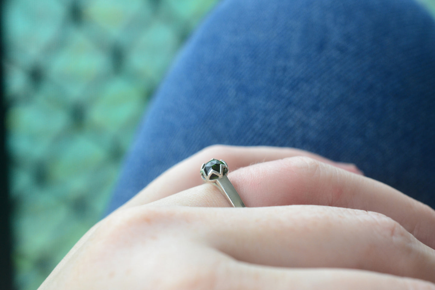 Green Tourmaline Ring, 5mm Rose Cut Stone, 925 Silver Cathedral Band