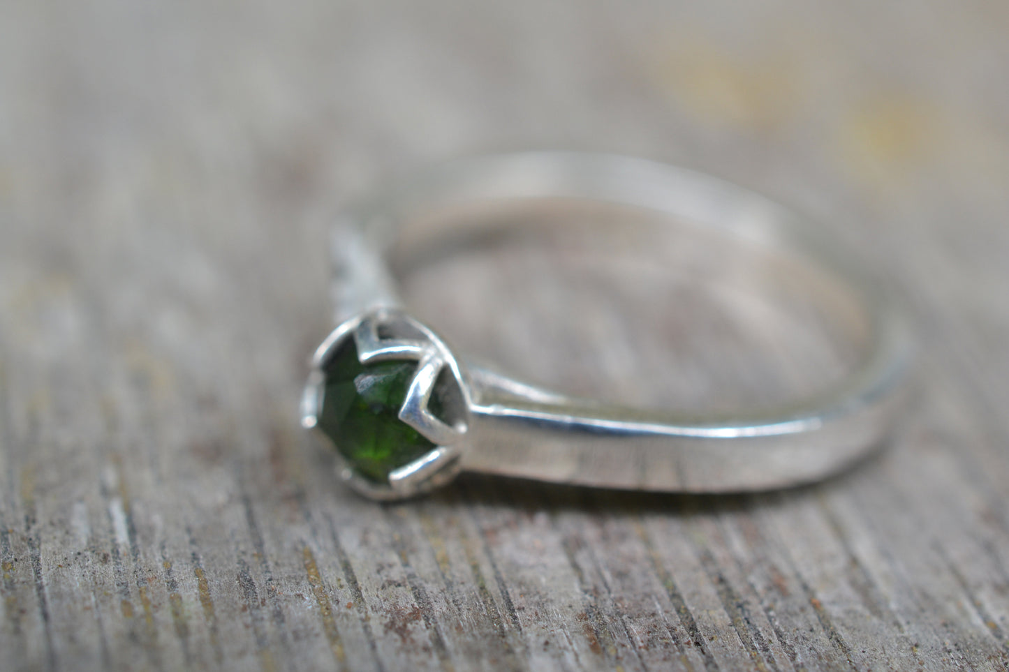 Green Tourmaline Ring, 5mm Rose Cut Stone, 925 Silver Cathedral Band