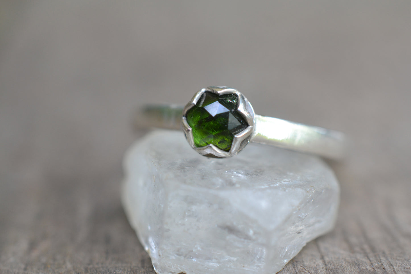 Green Tourmaline Ring, 5mm Rose Cut Stone, 925 Silver Cathedral Band