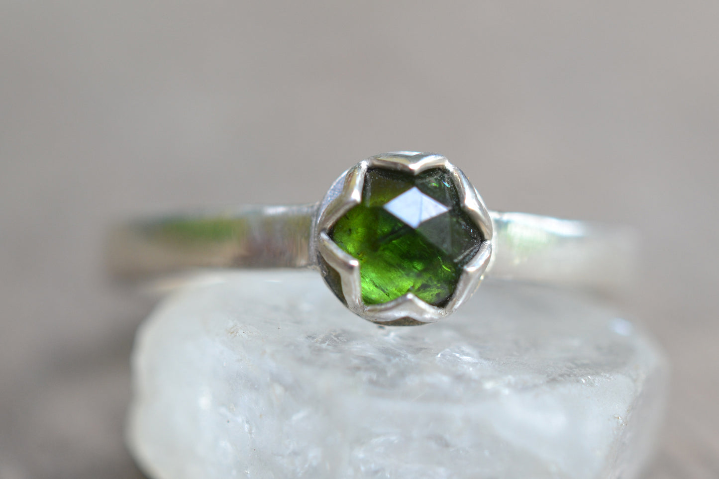 Green Tourmaline Ring, 5mm Rose Cut Stone, 925 Silver Cathedral Band