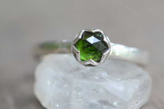 Green Tourmaline Ring, 5mm Rose Cut Stone, 925 Silver Cathedral Band