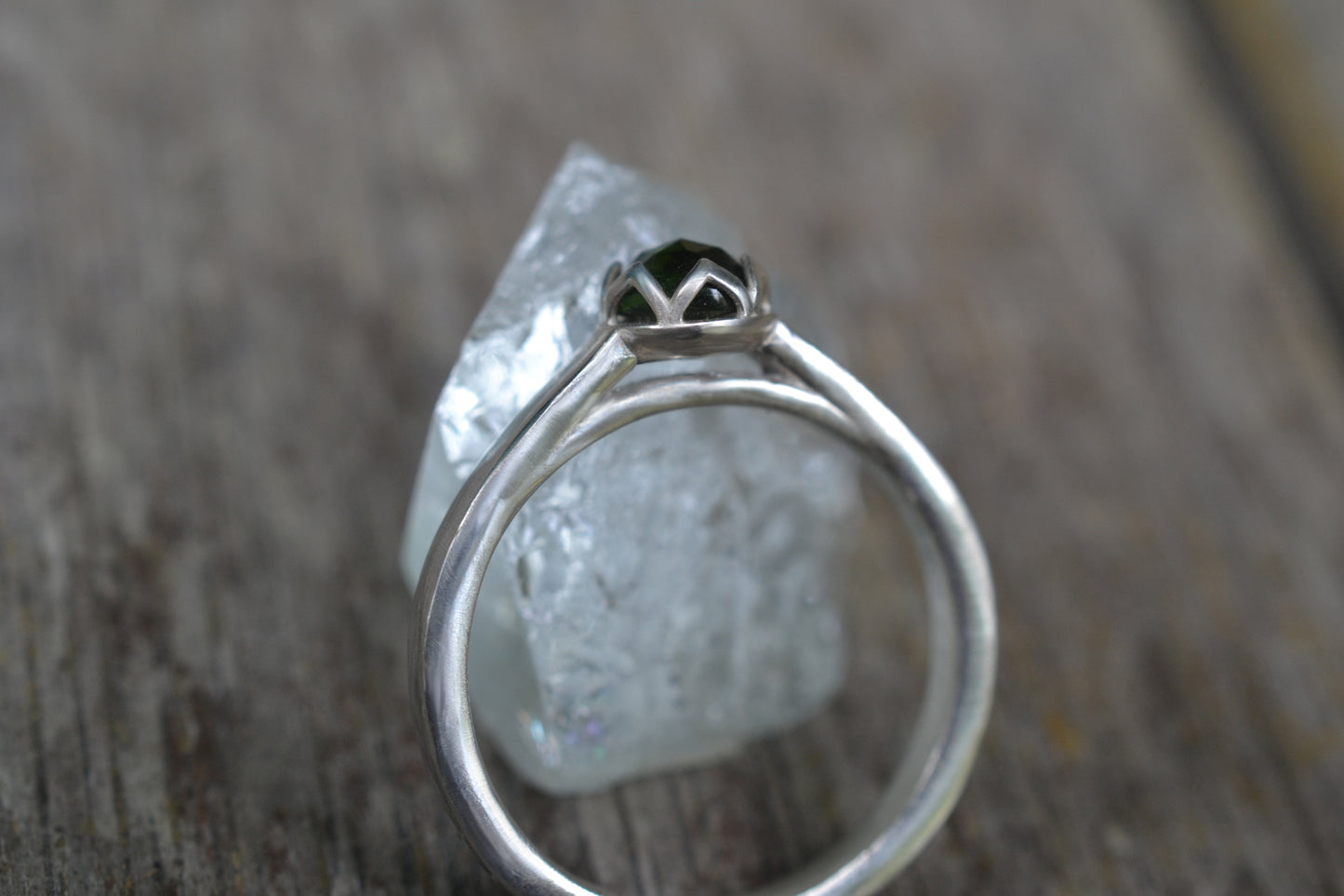 Green Tourmaline Ring, 5mm Rose Cut Stone, 925 Silver Cathedral Band