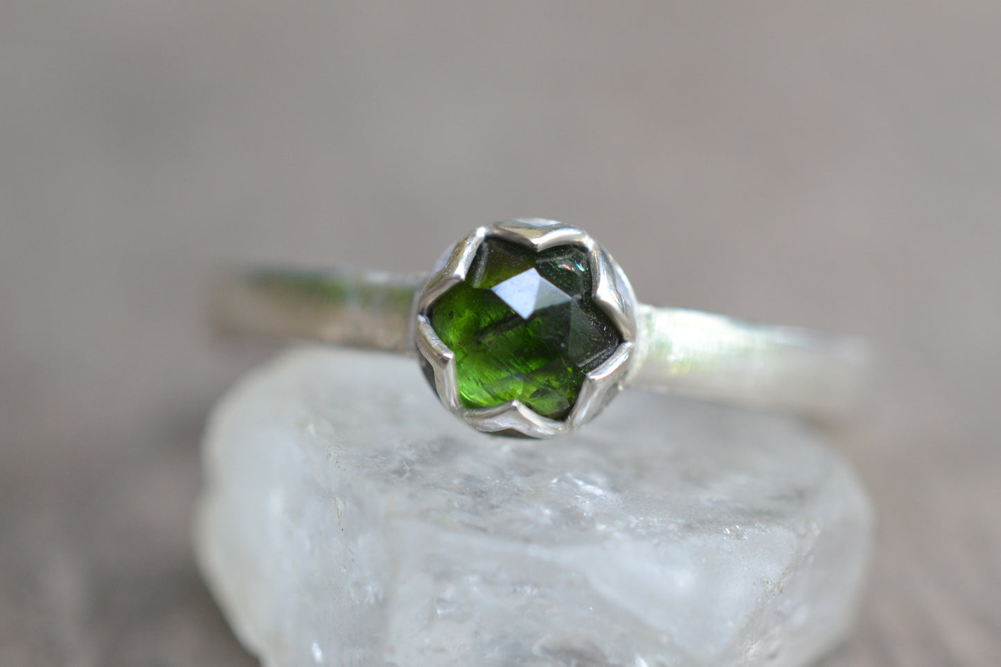 Green Tourmaline Ring, 5mm Rose Cut Stone, 925 Silver Cathedral Band