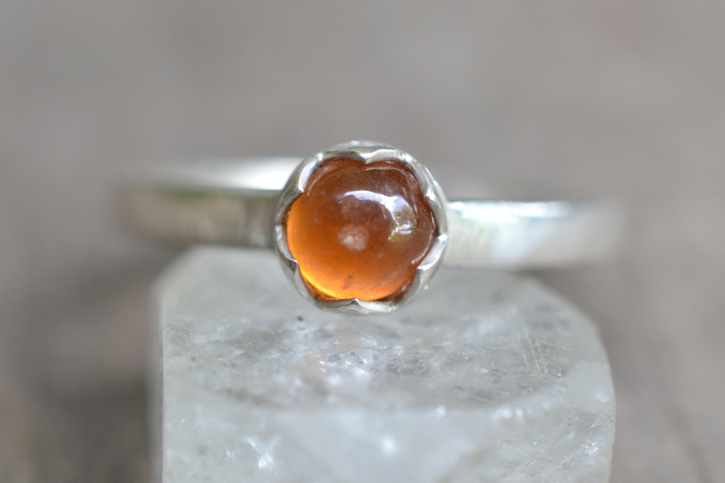 Hessonite Garnet Ring, Bezel Set Natural Orange Stone, Silver Cathedral Band