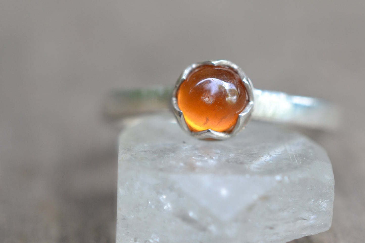 Hessonite Garnet Ring, Bezel Set Natural Orange Stone, Silver Cathedral Band