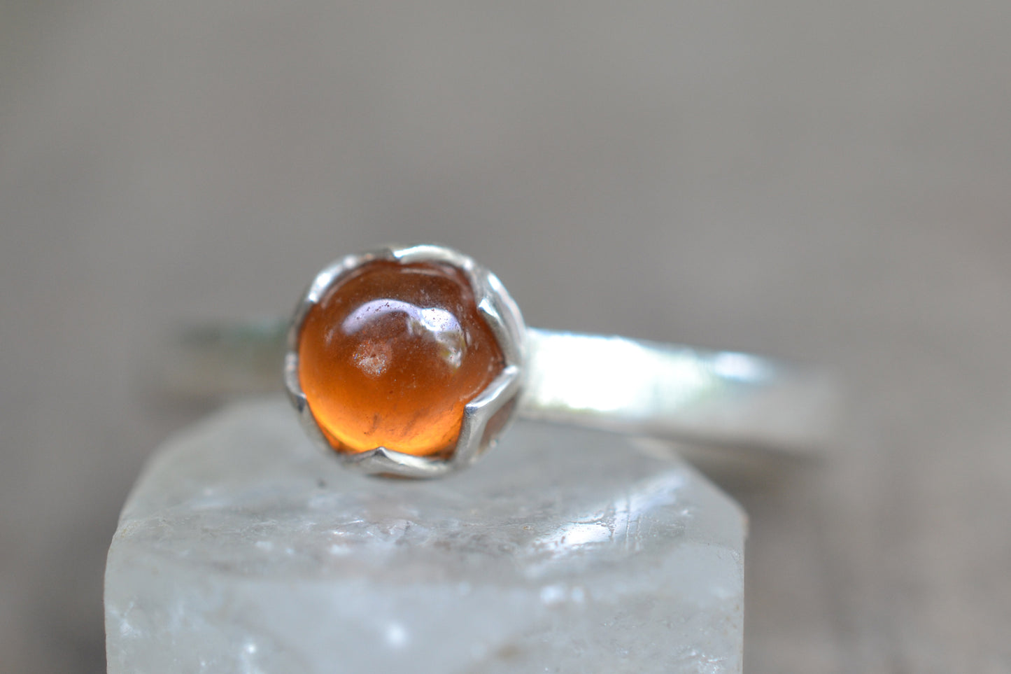 Hessonite Garnet Ring, Bezel Set Natural Orange Stone, Silver Cathedral Band