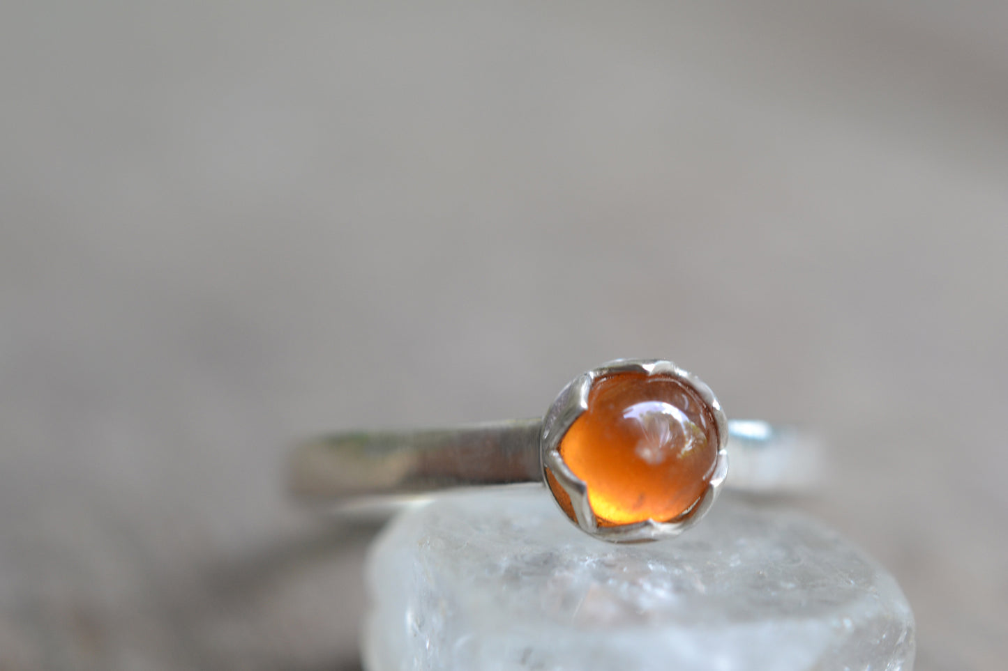 Hessonite Garnet Ring, Bezel Set Natural Orange Stone, Silver Cathedral Band