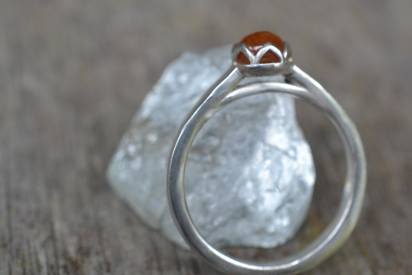 Hessonite Garnet Ring, Bezel Set Natural Orange Stone, Silver Cathedral Band