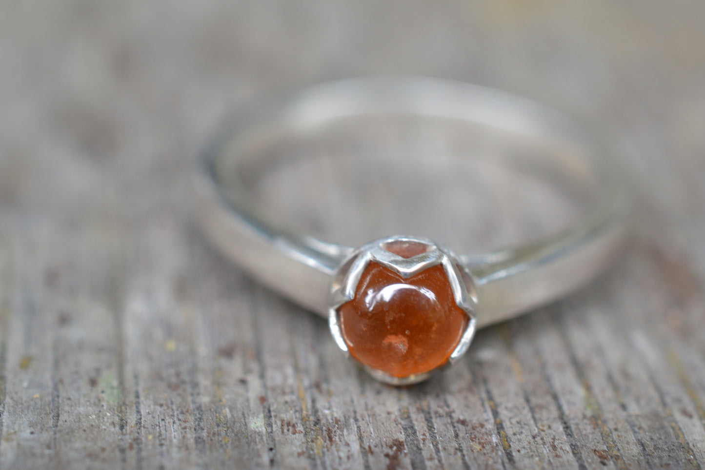 Hessonite Garnet Ring, Bezel Set Natural Orange Stone, Silver Cathedral Band