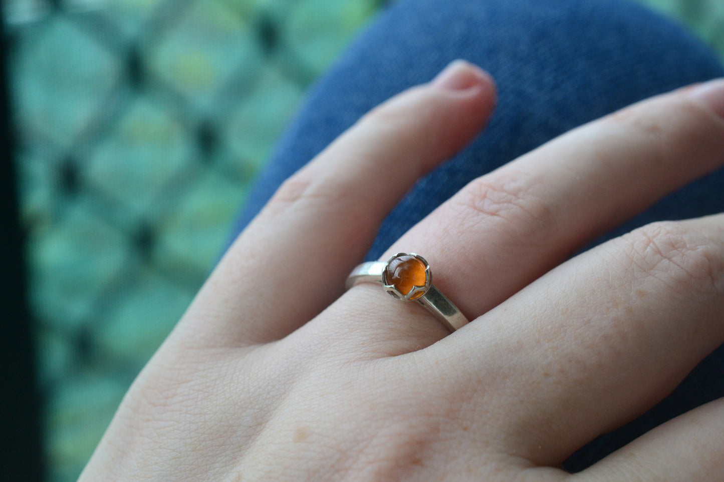 Hessonite Garnet Ring, Bezel Set Natural Orange Stone, Silver Cathedral Band