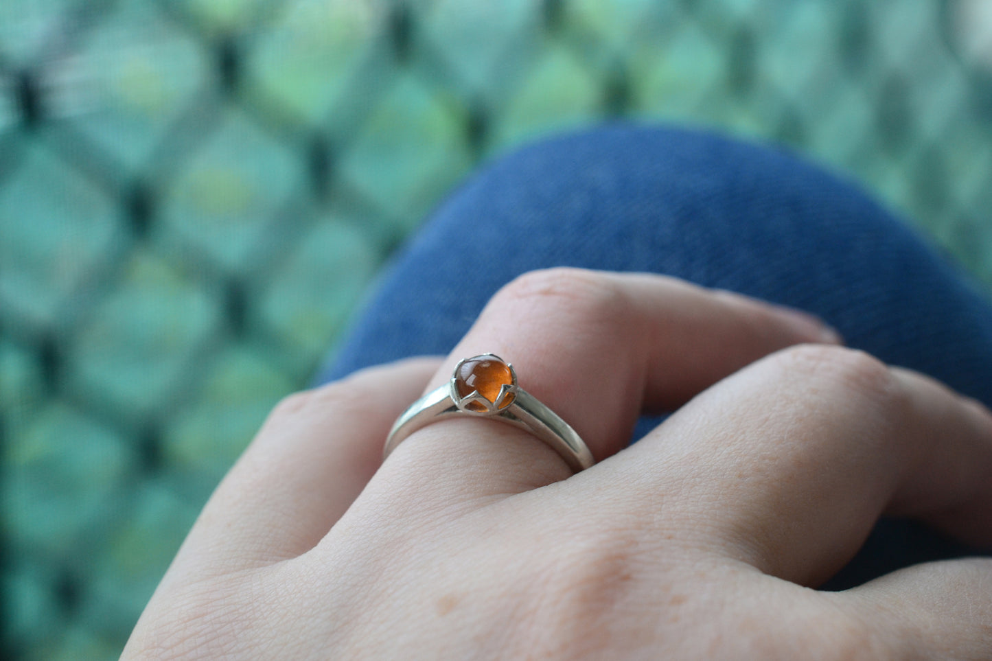 Hessonite Garnet Ring, Bezel Set Natural Orange Stone, Silver Cathedral Band