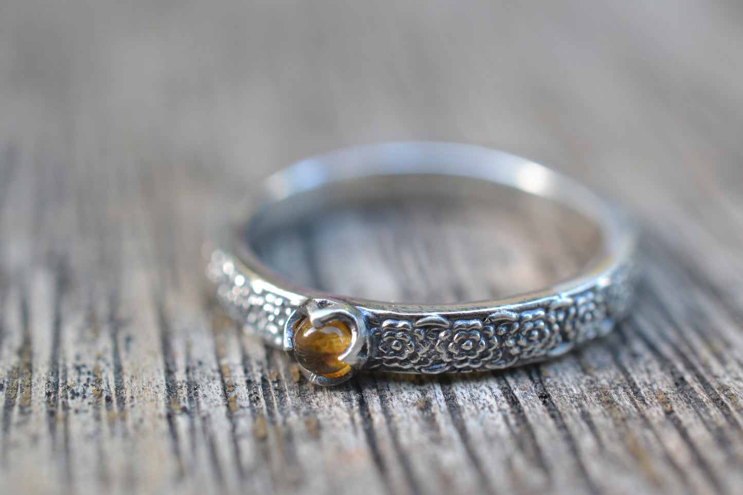 Dainty Citrine Ring, Sterling Silver Chrysanthemum Band, Natural Orange Yellow Stone Jewellery