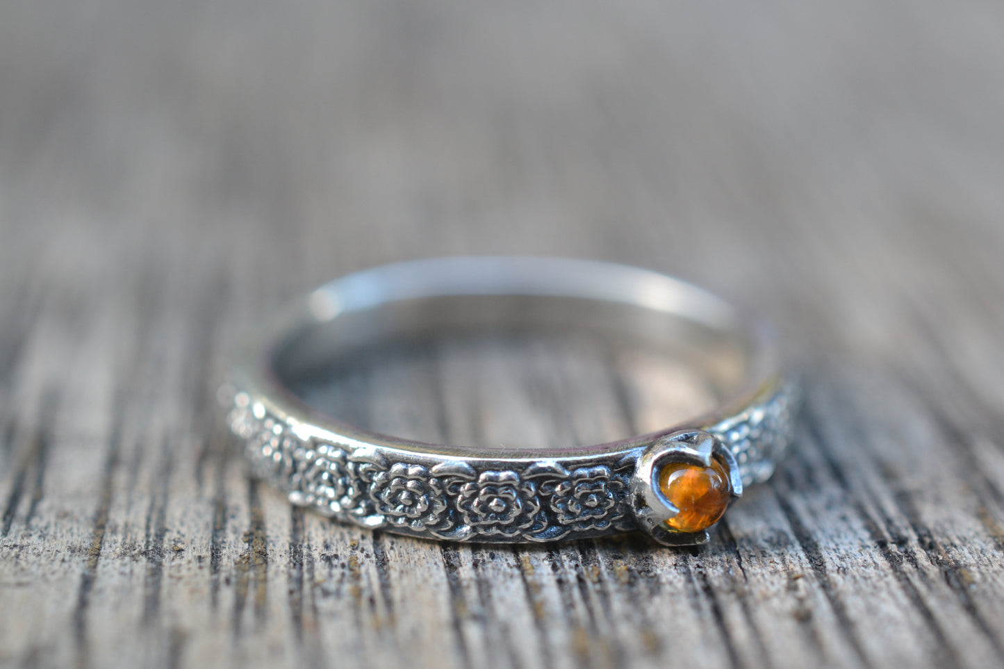 Dainty Citrine Ring, Sterling Silver Chrysanthemum Band, Natural Orange Yellow Stone Jewellery