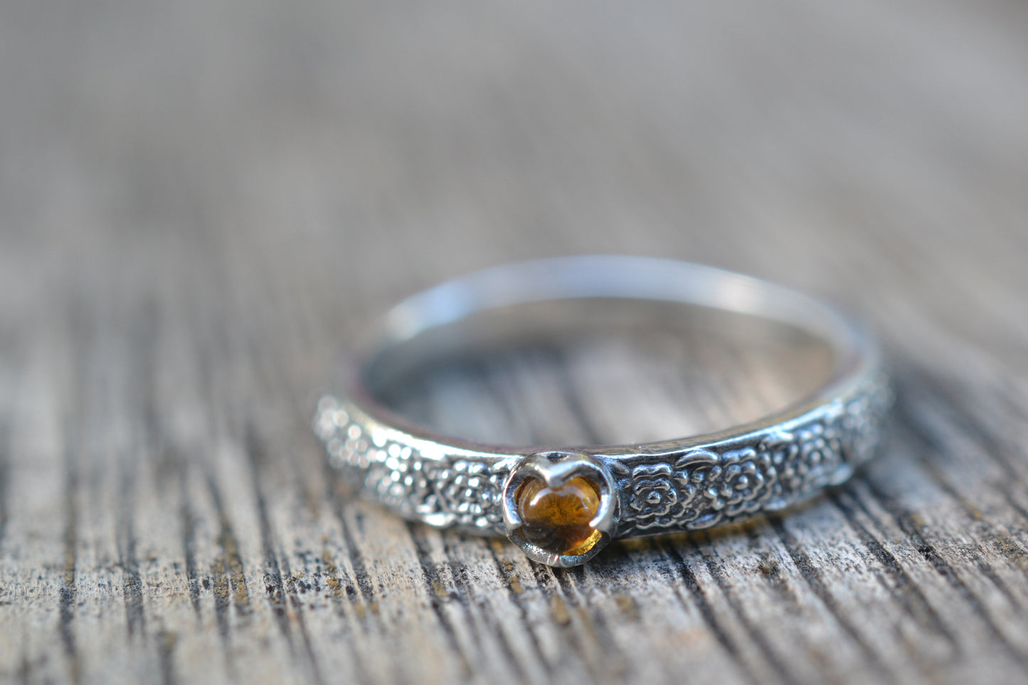 Dainty Citrine Ring, Sterling Silver Chrysanthemum Band, Natural Orange Yellow Stone Jewellery