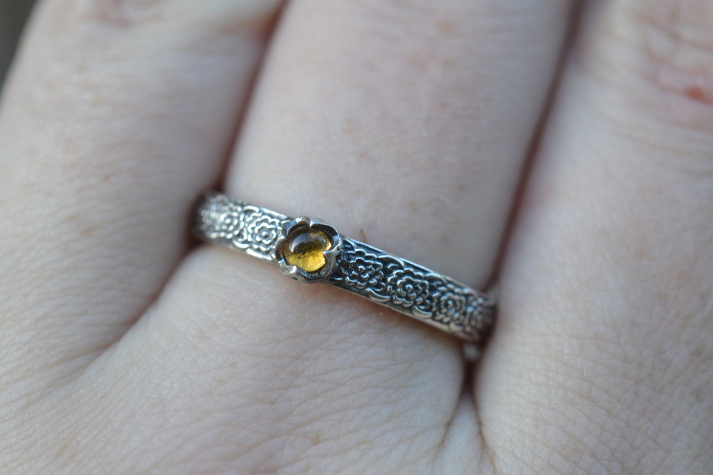 Dainty Citrine Ring, Sterling Silver Chrysanthemum Band, Natural Orange Yellow Stone Jewellery