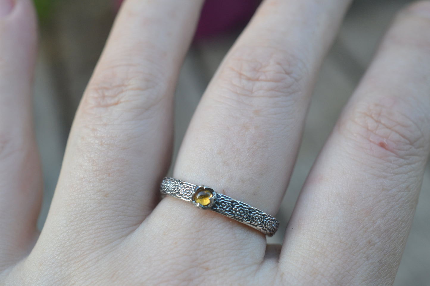 Dainty Citrine Ring, Sterling Silver Chrysanthemum Band, Natural Orange Yellow Stone Jewellery