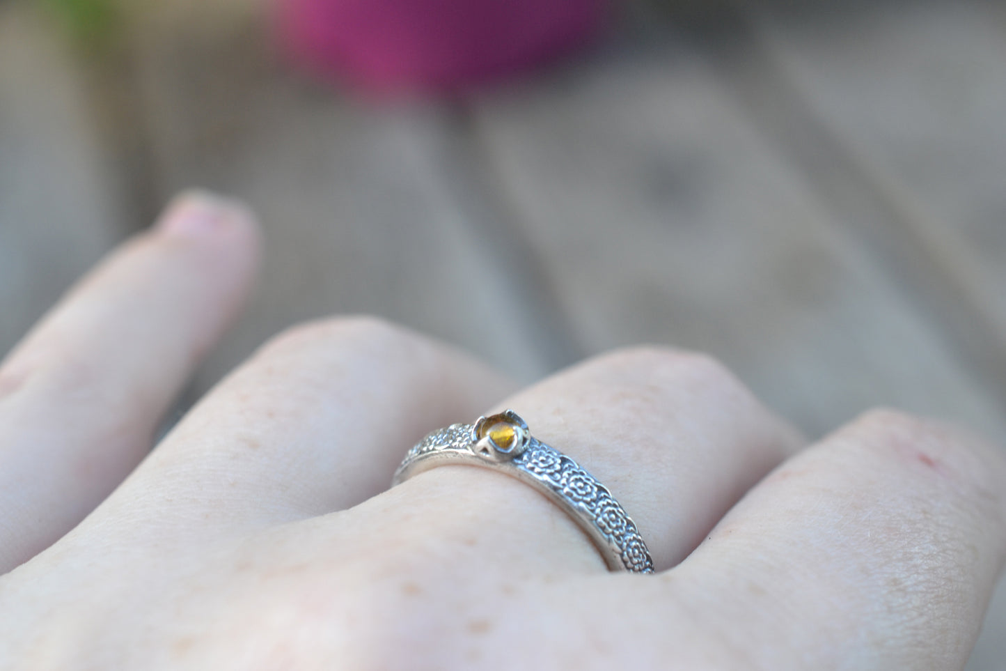 Dainty Citrine Ring, Sterling Silver Chrysanthemum Band, Natural Orange Yellow Stone Jewellery