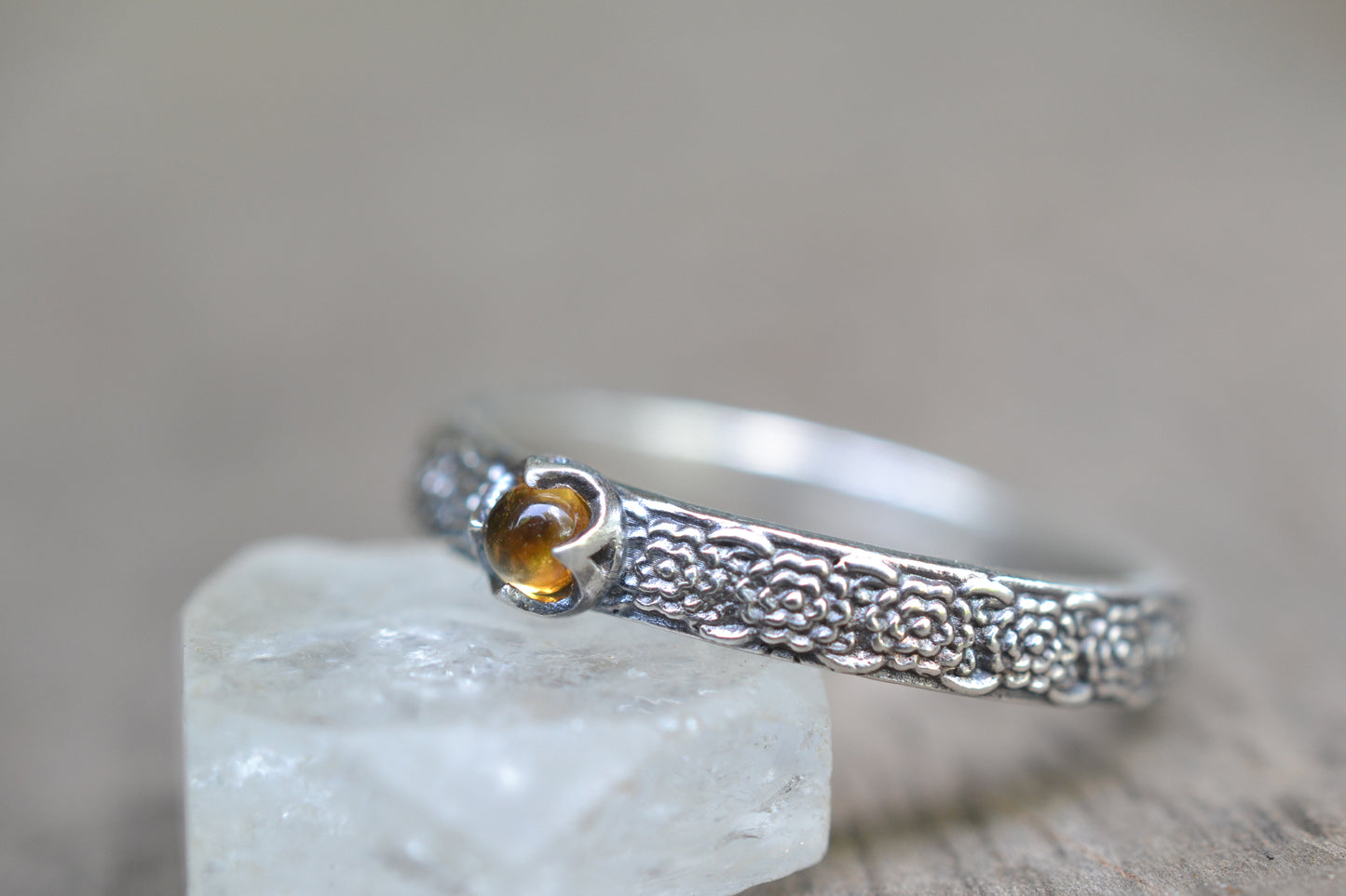 Dainty Citrine Ring, Sterling Silver Chrysanthemum Band, Natural Orange Yellow Stone Jewellery