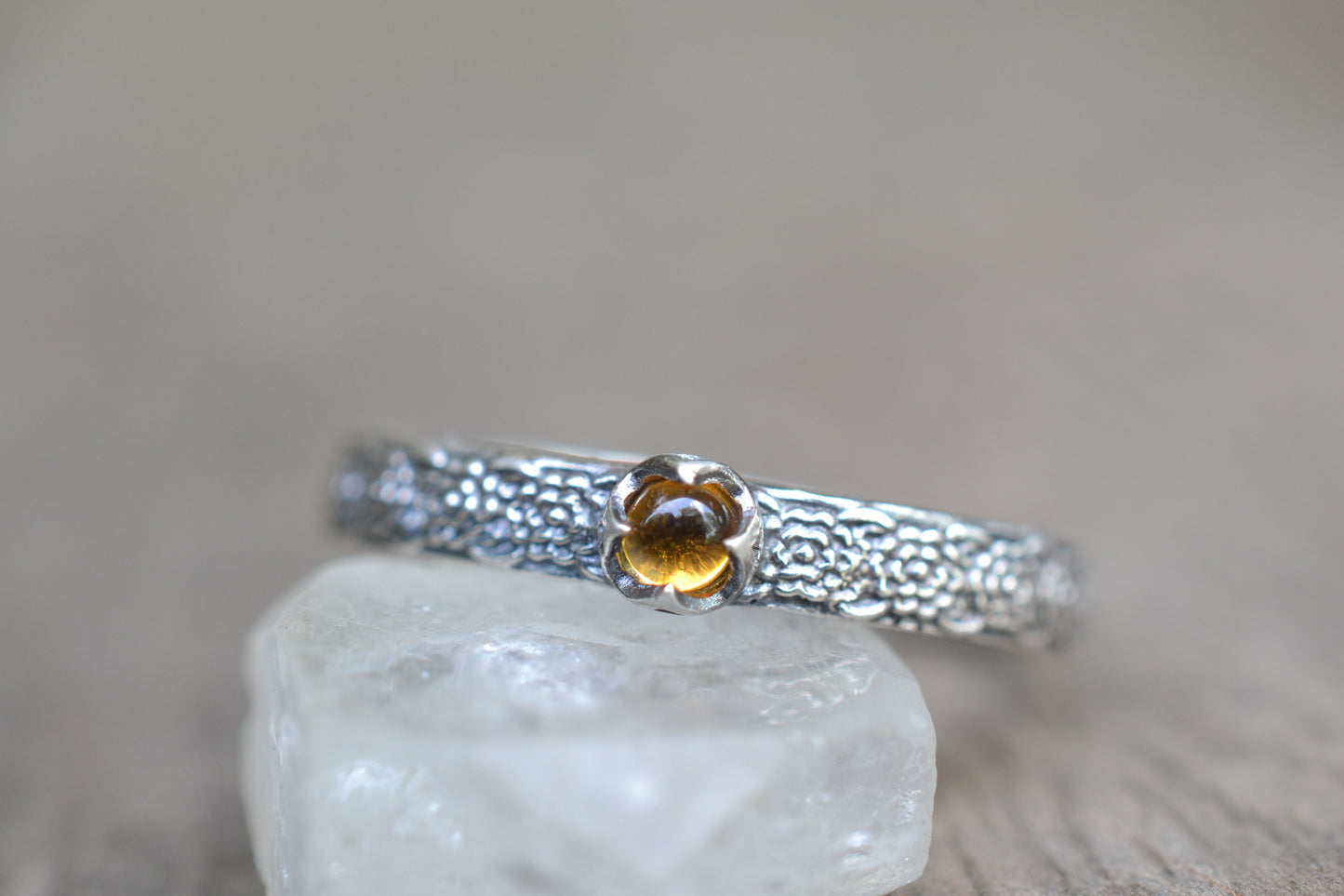 Dainty Citrine Ring, Sterling Silver Chrysanthemum Band, Natural Orange Yellow Stone Jewellery