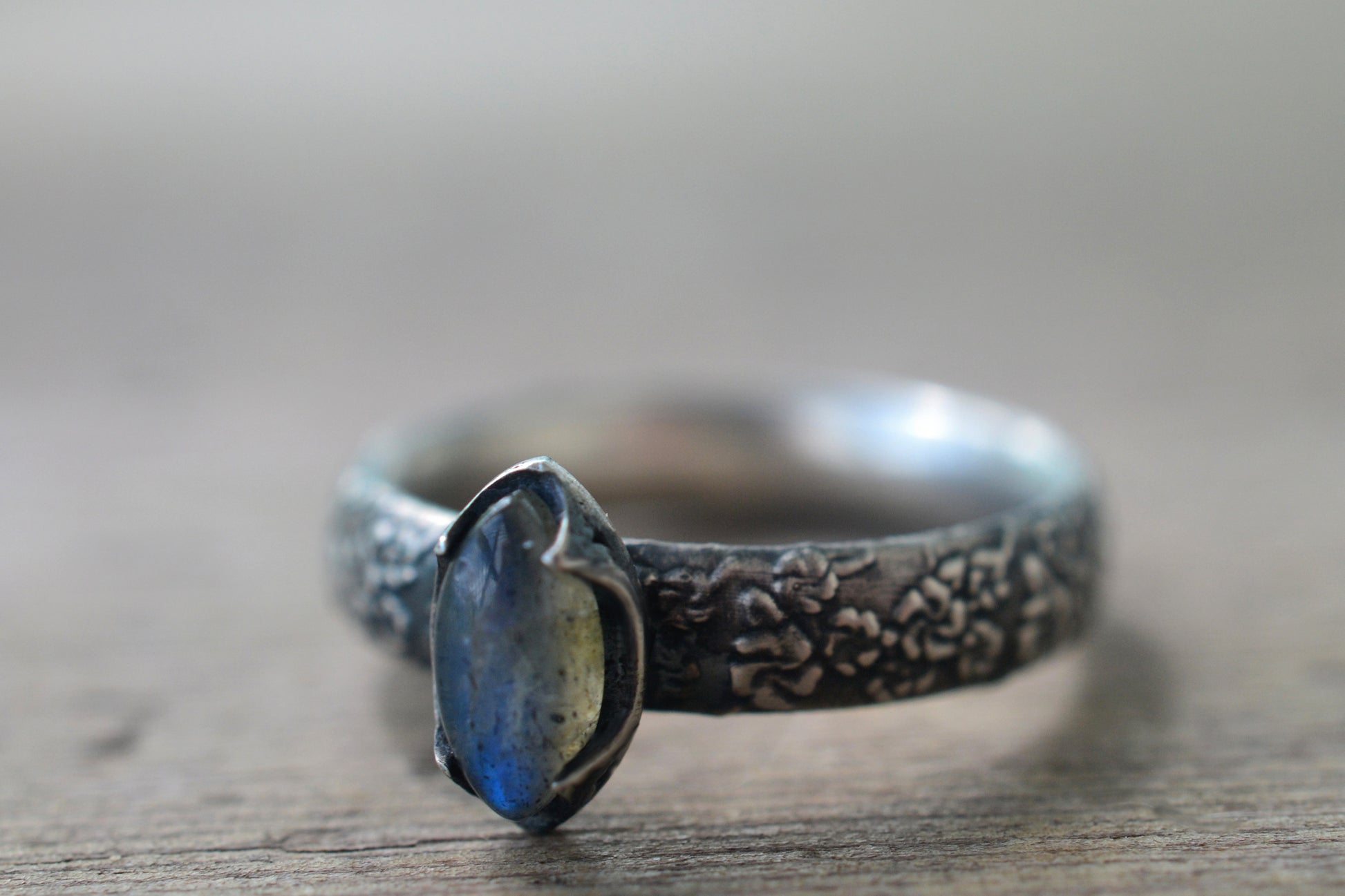Gothic Labradorite Cherry Blossom Ring in Silver