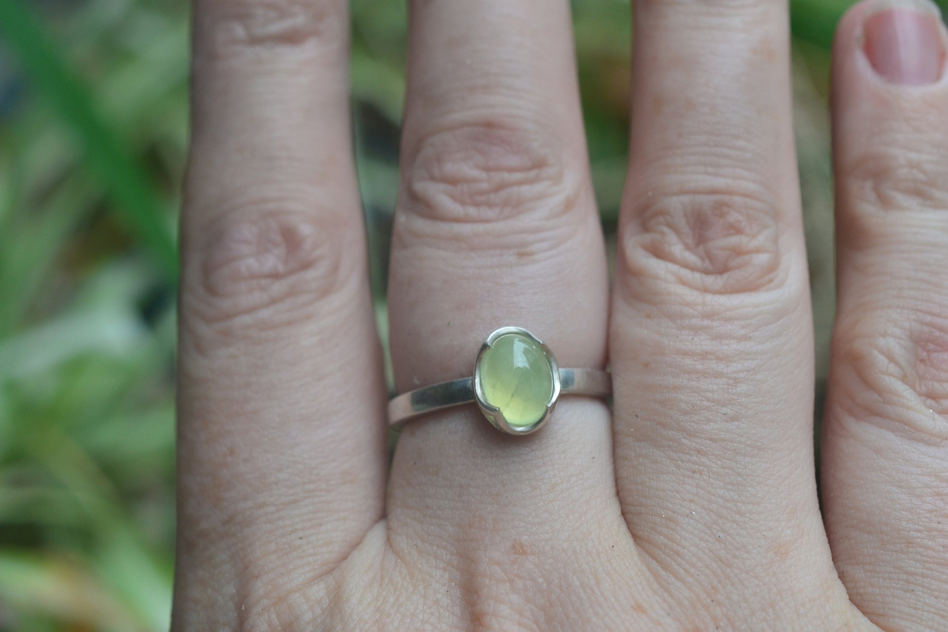 Bezel Set Prehnite Cabochon Ring in 925 Silver