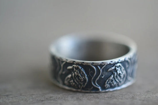 Oxidised Silver Gothic Crow Wedding Band