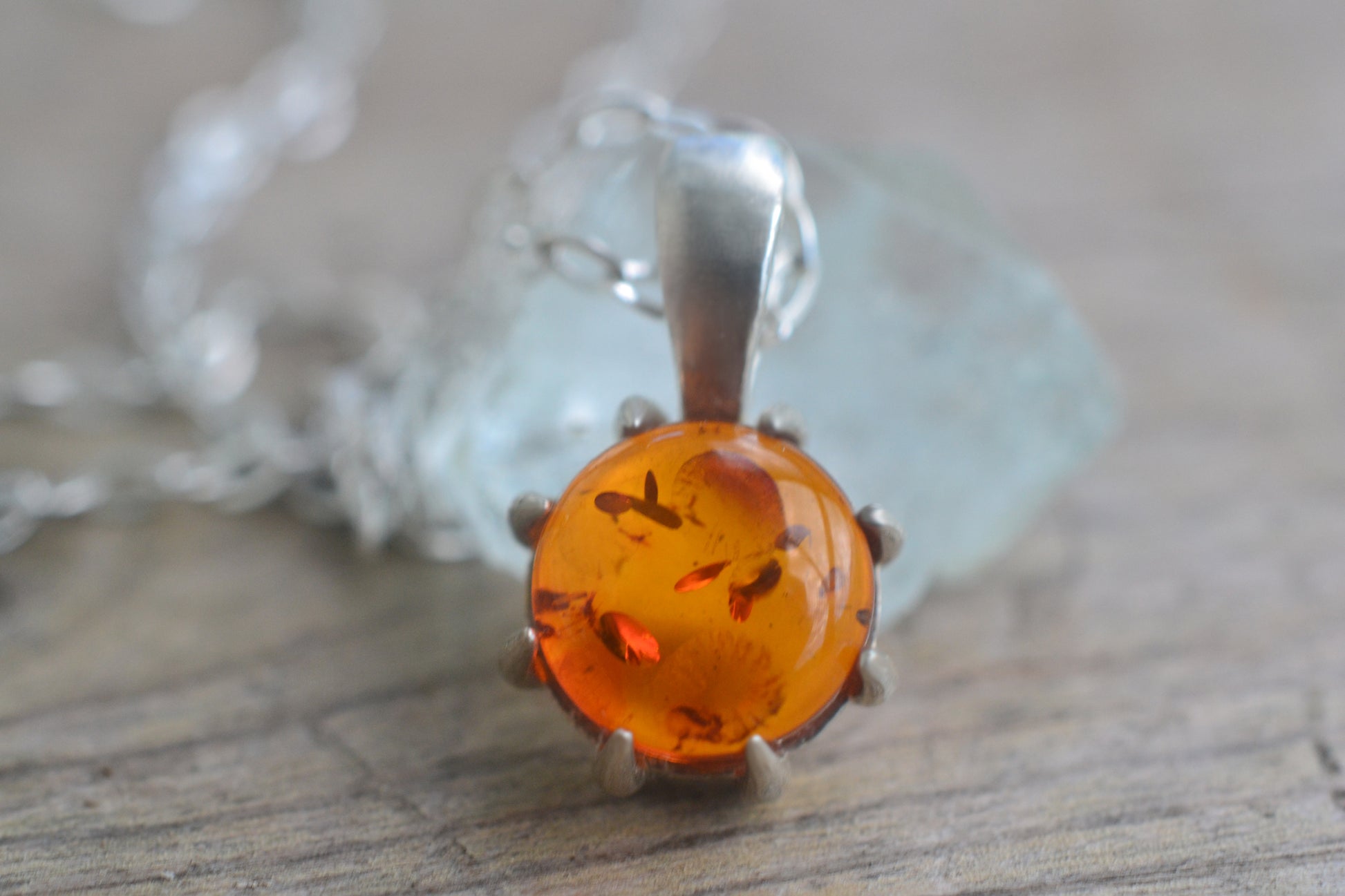 Natural Amber Cabochon Necklace in Silver
