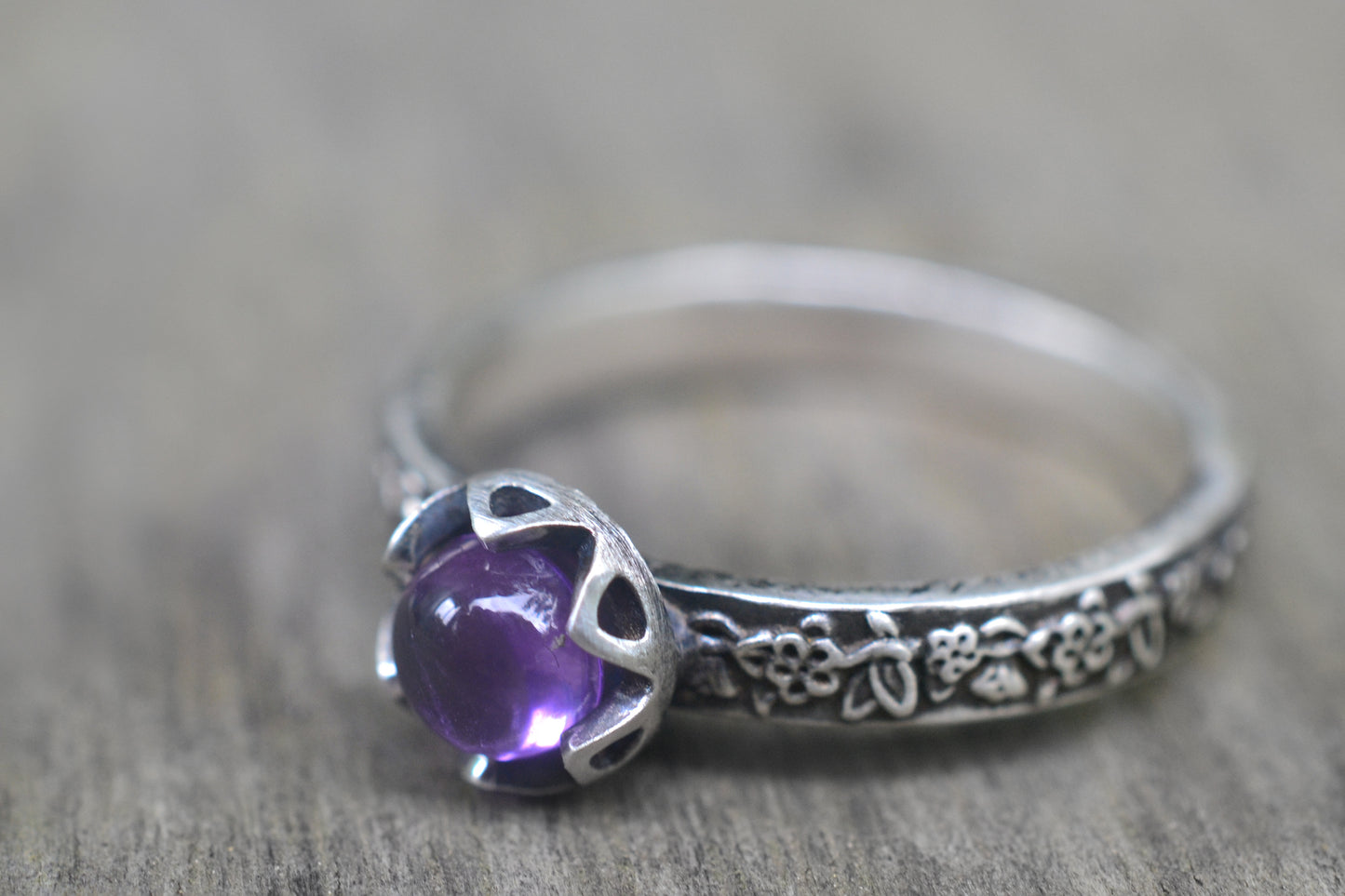 Oxidised Silver Rosebush Band With Amethyst