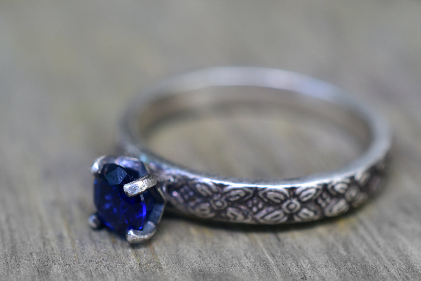 Gothic Poesy Engagement Ring With Blue Sapphire