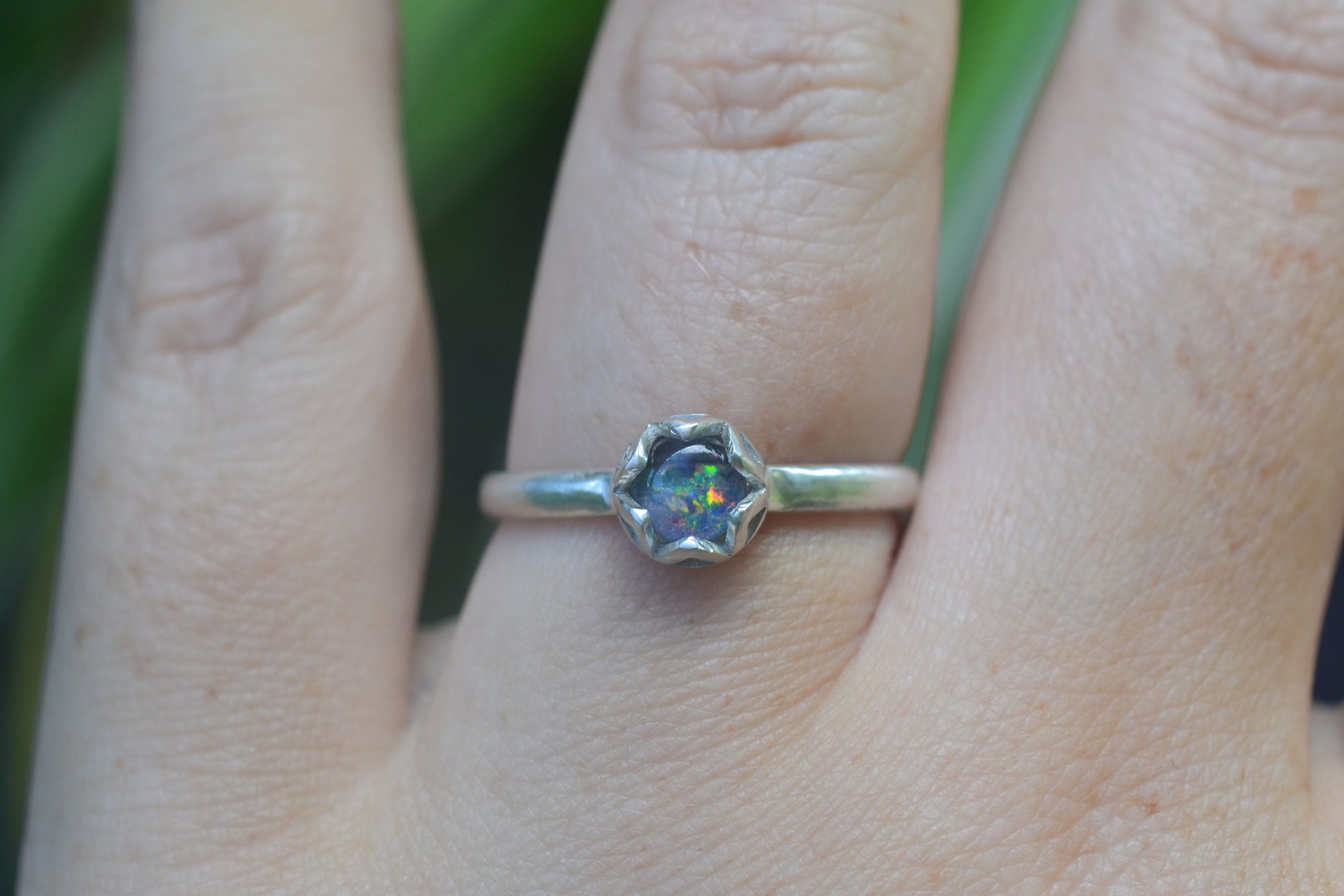 Dainty Bezel Set Opal Triplet Promise Ring