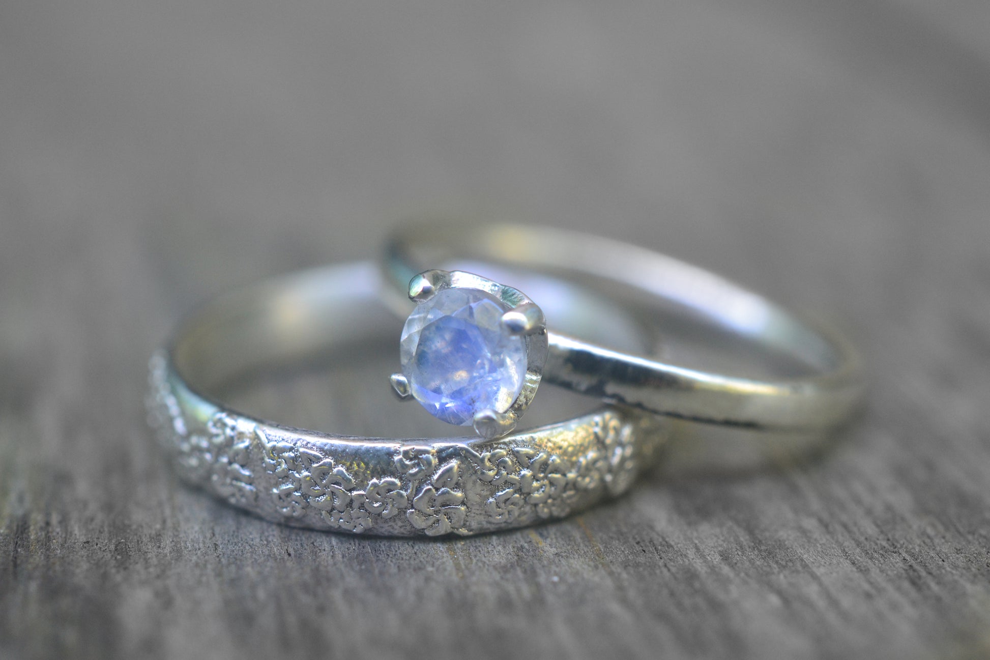Rainbow Moonstone Solitaire Engagement Ring Set