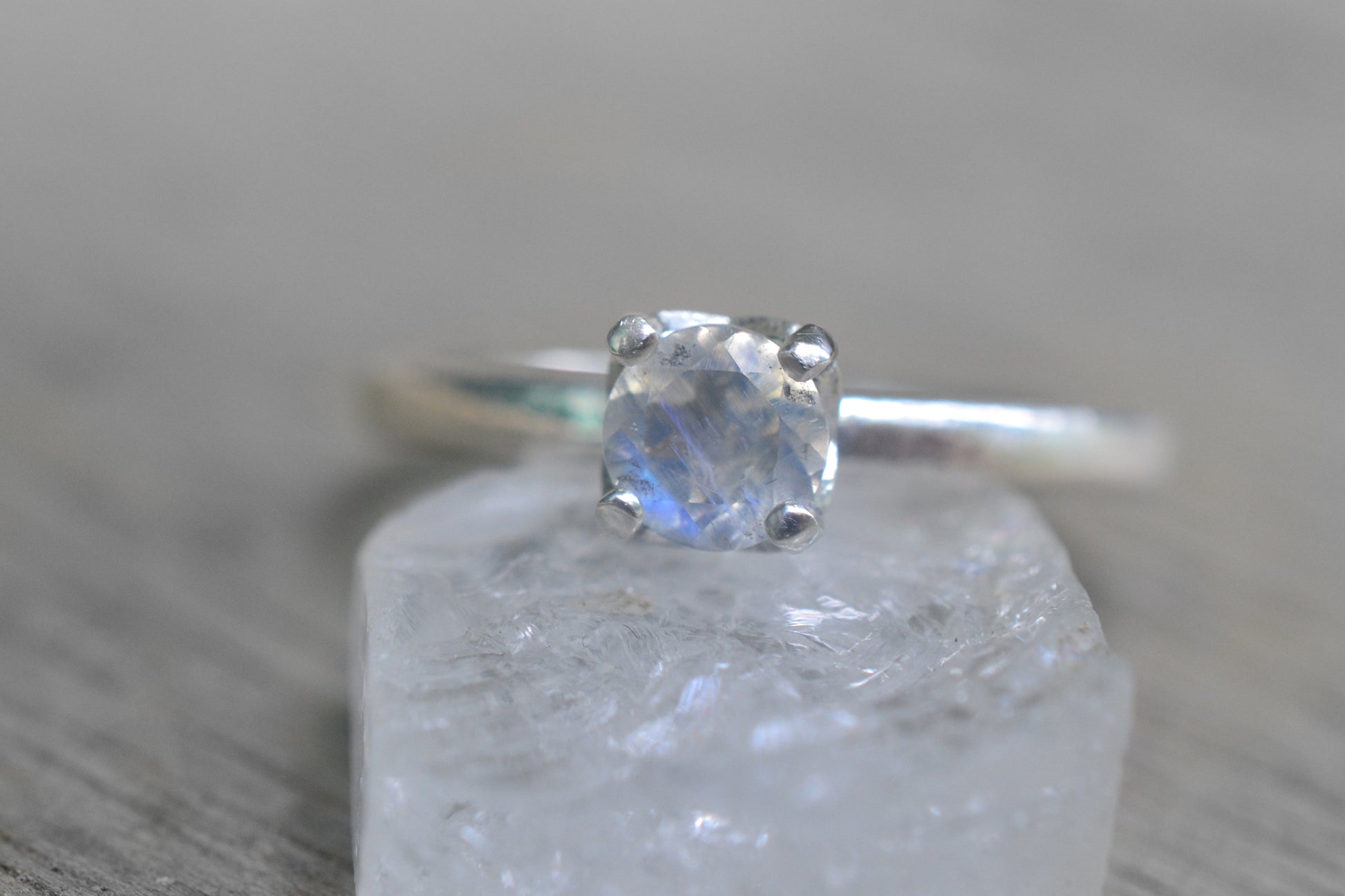 Round Faceted Rainbow Moonstone Ring