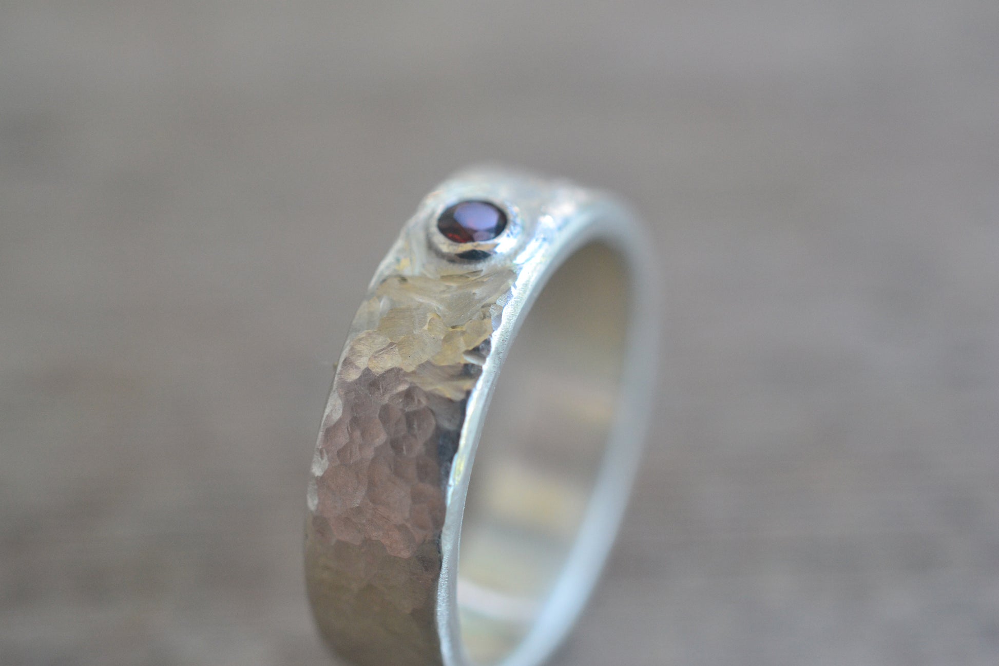 Wide Silver Band With Garnet Accent Stone