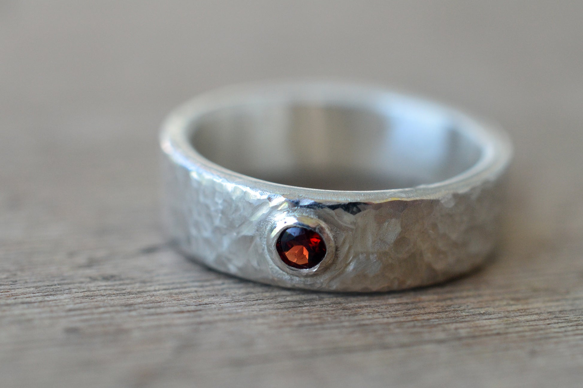 Mens Garnet Wedding Band in Sterling Silver