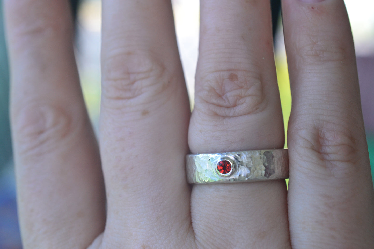 Mens Hammered Silver Wedding Band With Garnet