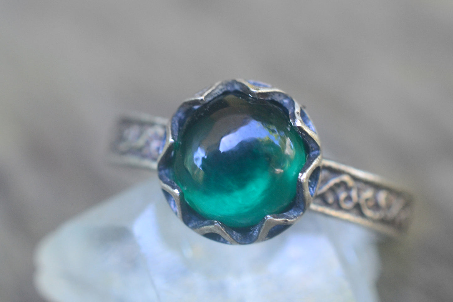 8mm Lab Created Emerald Ring in Oxidised Silver