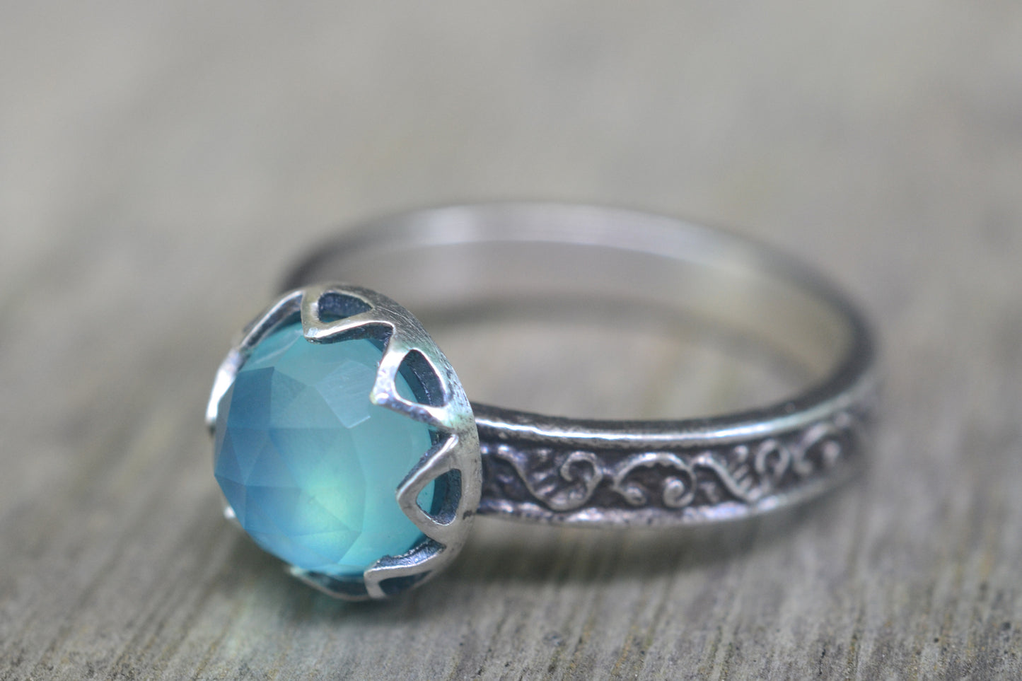 Gothic Oxidised Silver Blue Opal Engagement Ring
