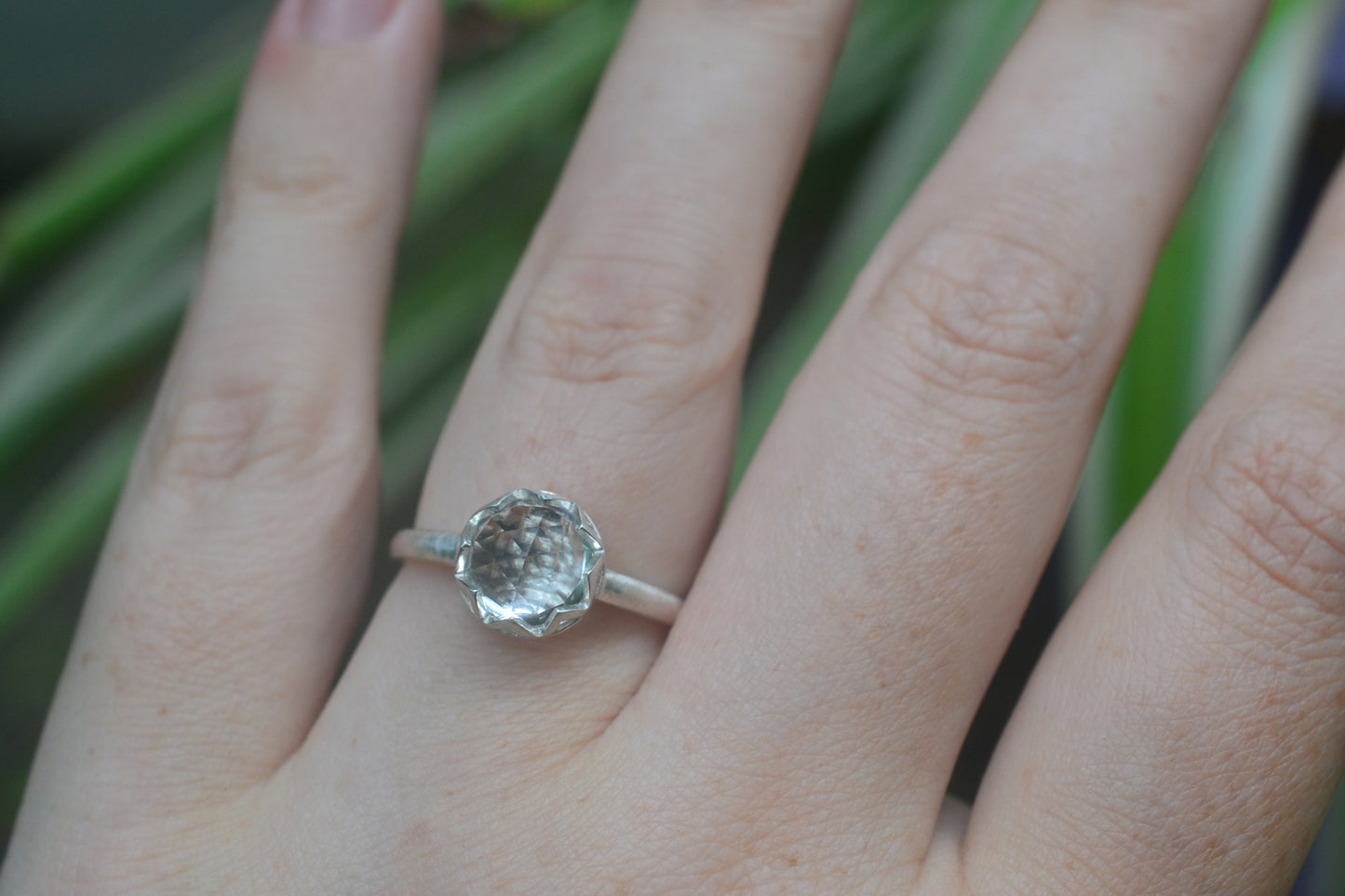 Natural White Topaz Cabochon Ring in Silver
