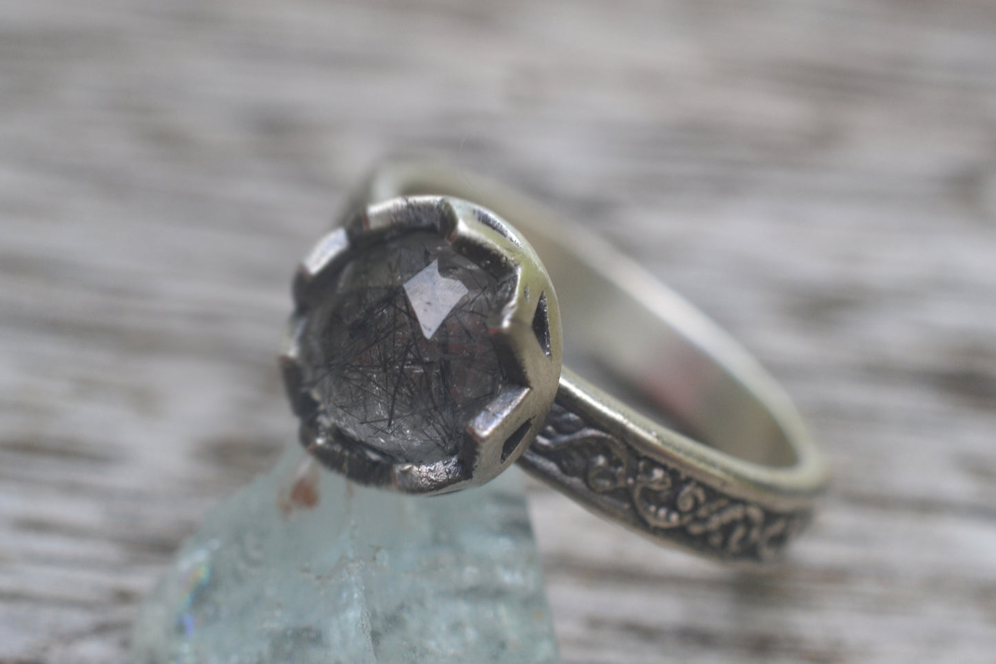 Tourmalinated Quartz Ring in Oxidised Silver