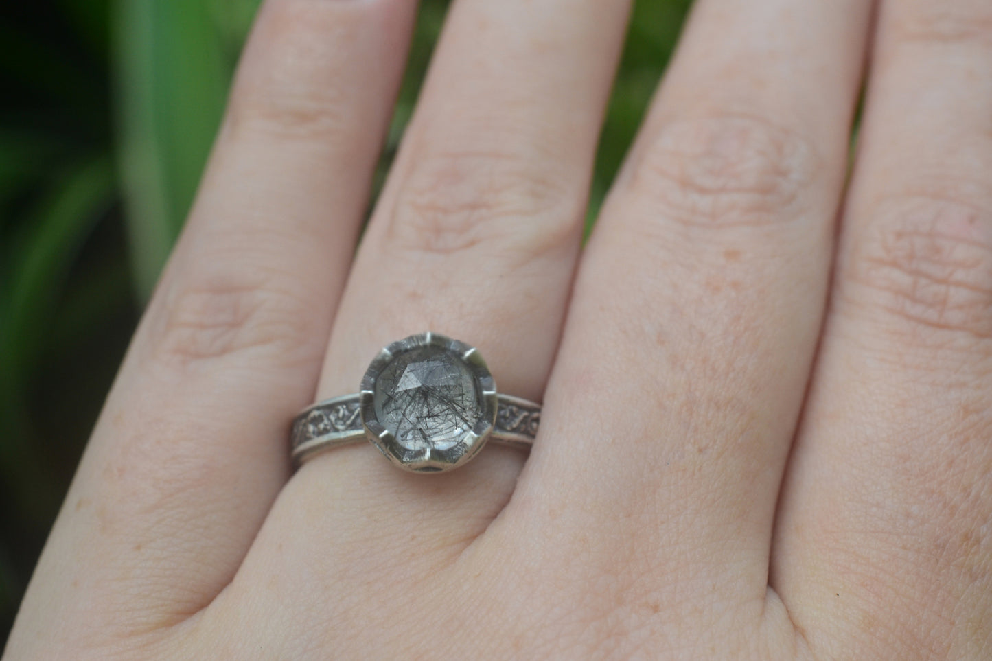 8mm Tourmalinated Quartz Cabochon Statement Ring