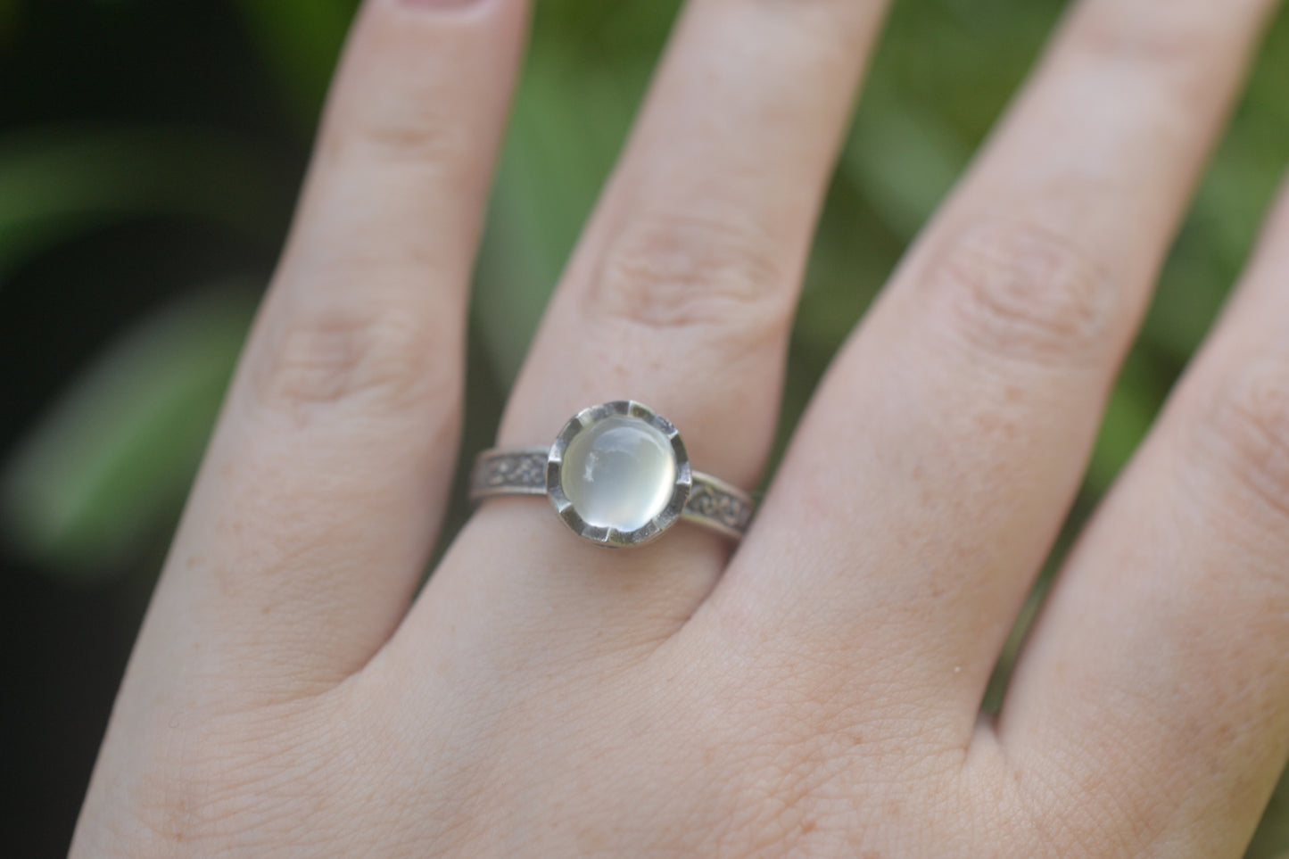 White Moonstone Cabochon Ring in Gothic Silver