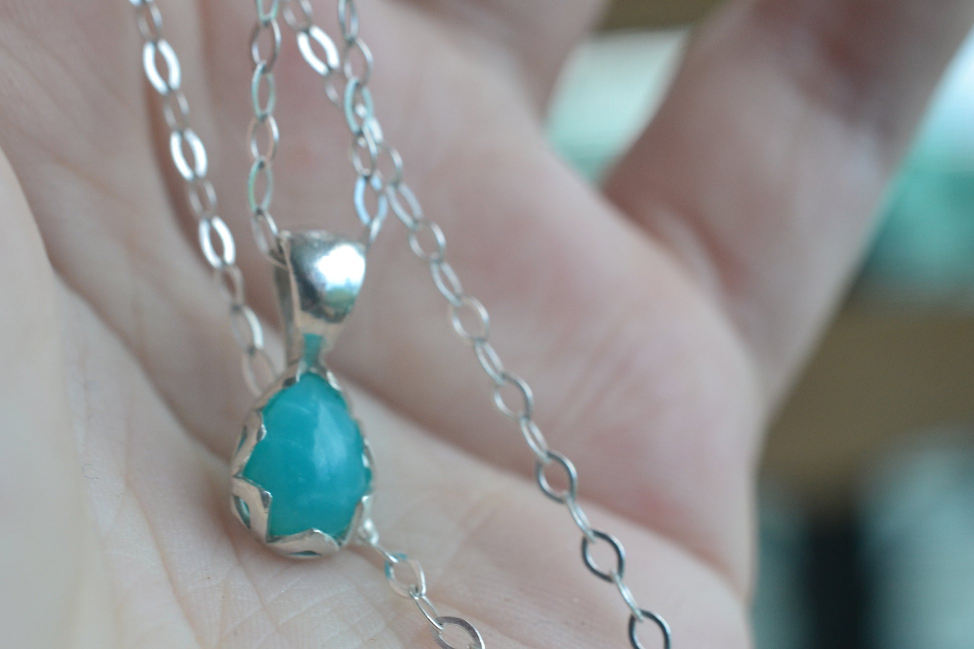 Pear Cut Blue Green Amazonite Pendant in Silver