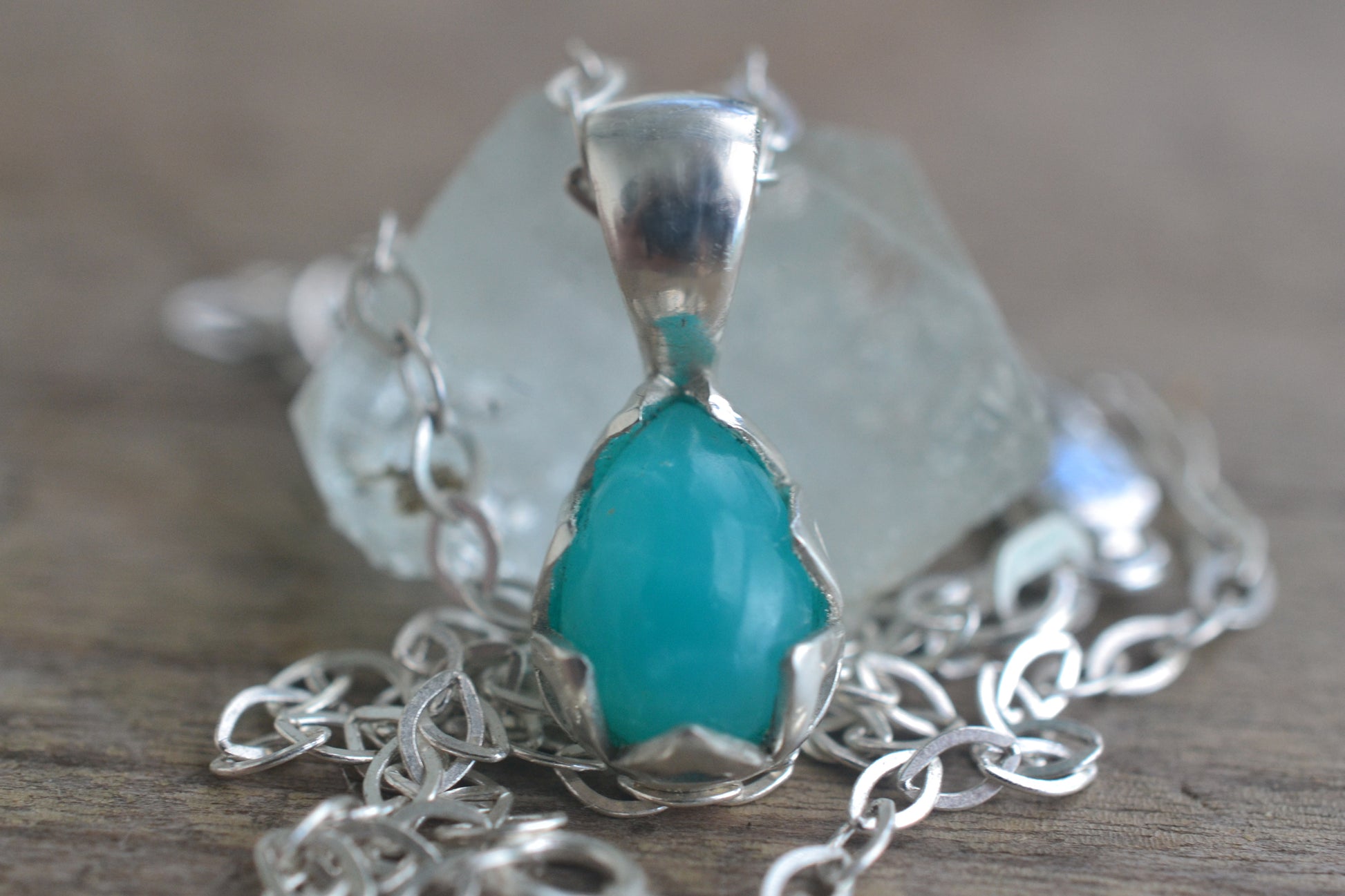 Pear Shape Amazonite Bezel Necklace in 925 Silver