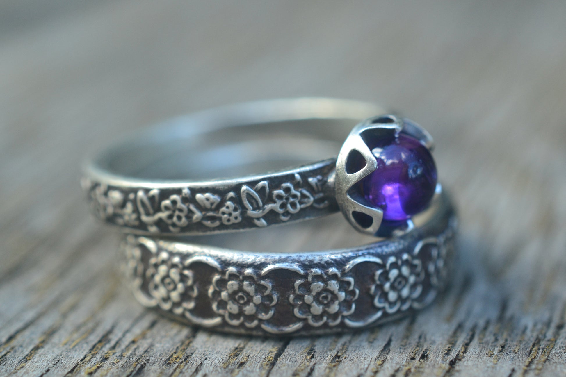 5mm Amethyst Bridal Set in Floral Silver