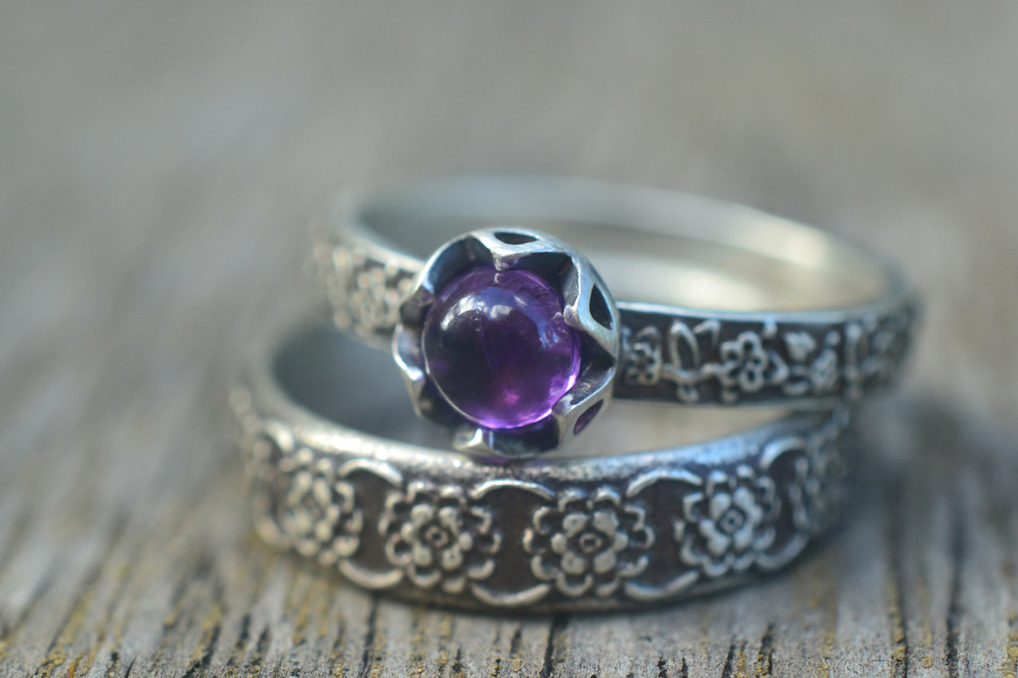 Womens Amethyst Bridal Set in Oxidised Sterling Silver