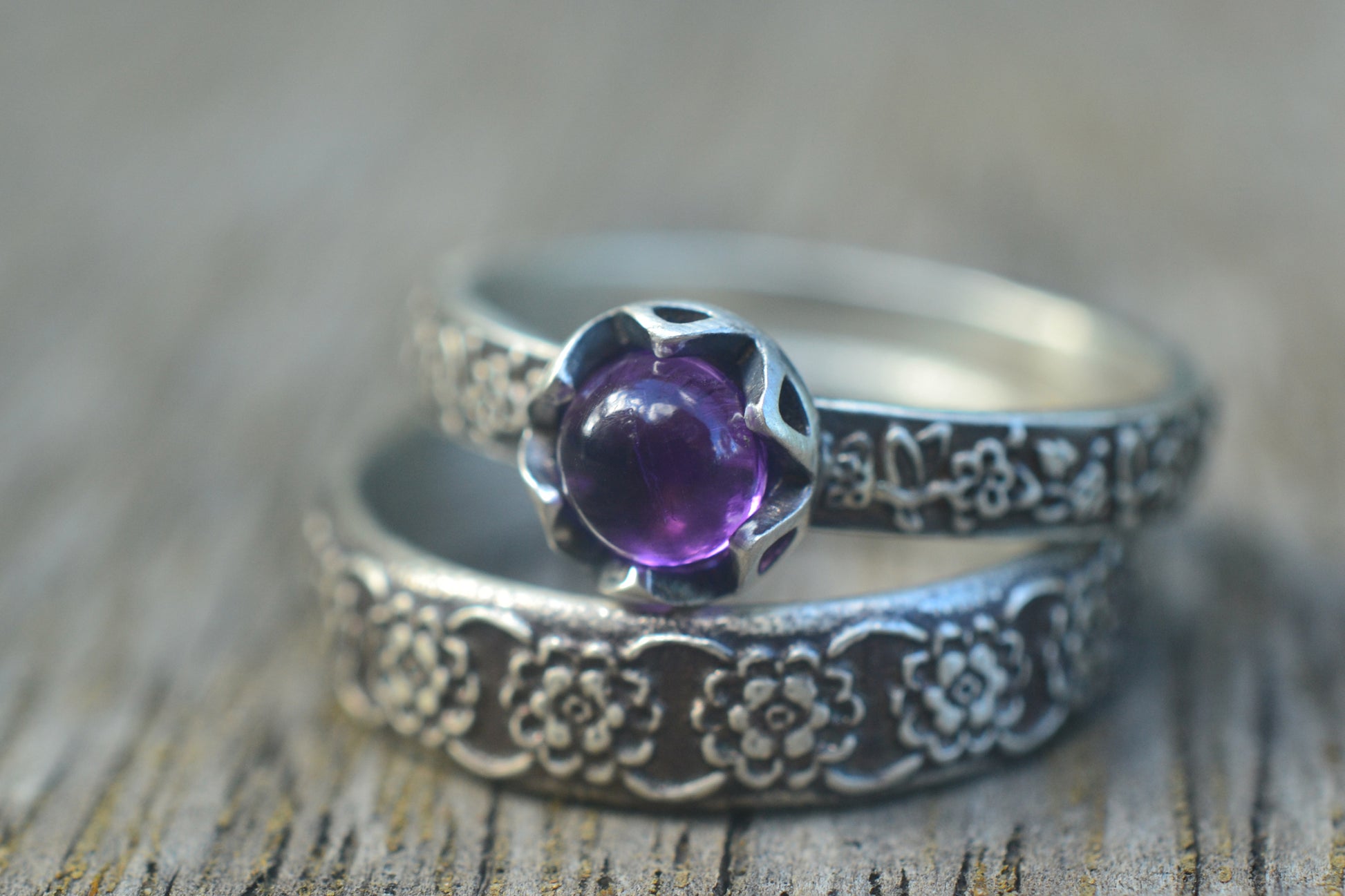 Womens Amethyst Bridal Set in Oxidised Sterling Silver