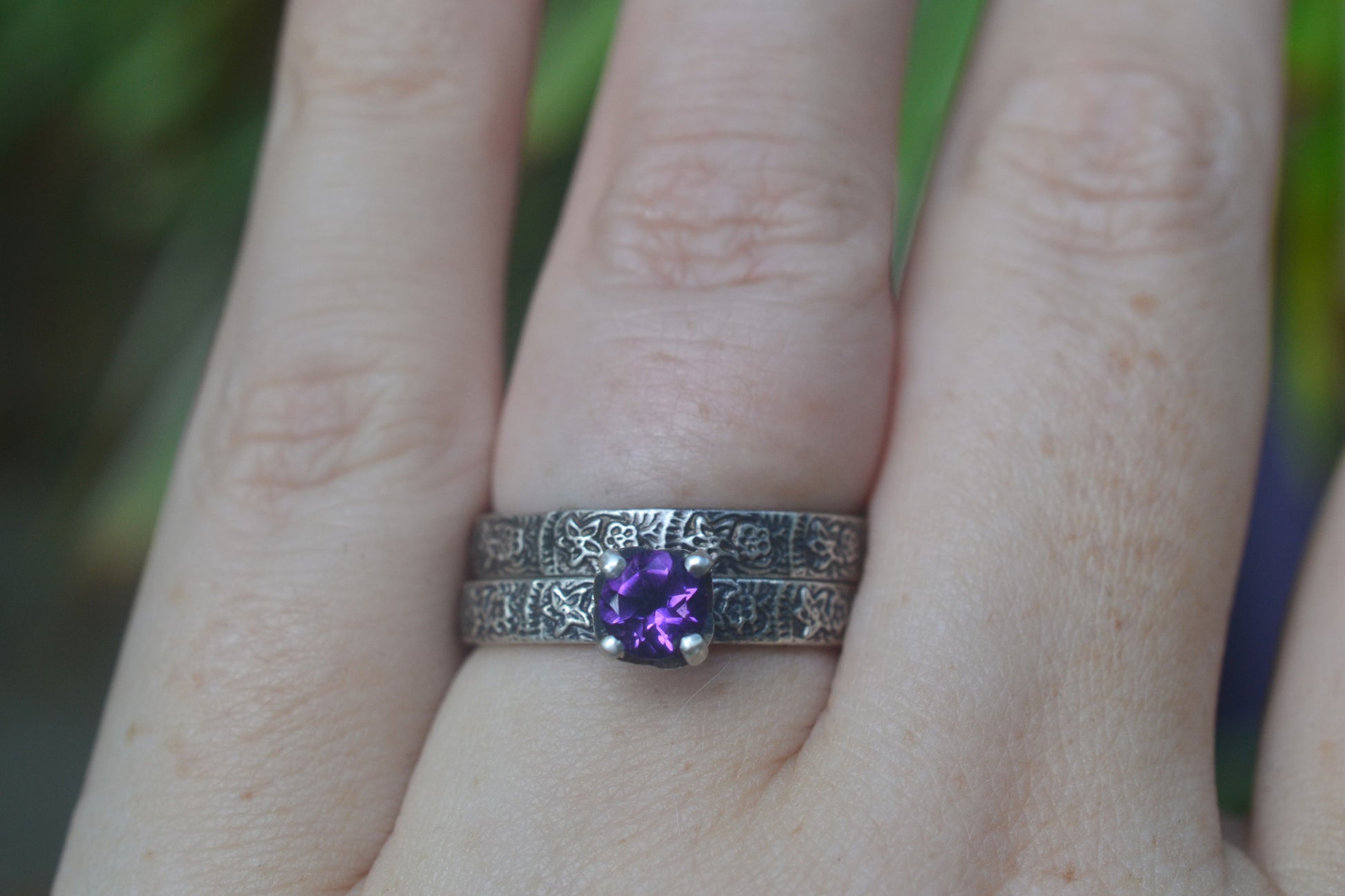 Womens Wedding Band Set With Purple Stone