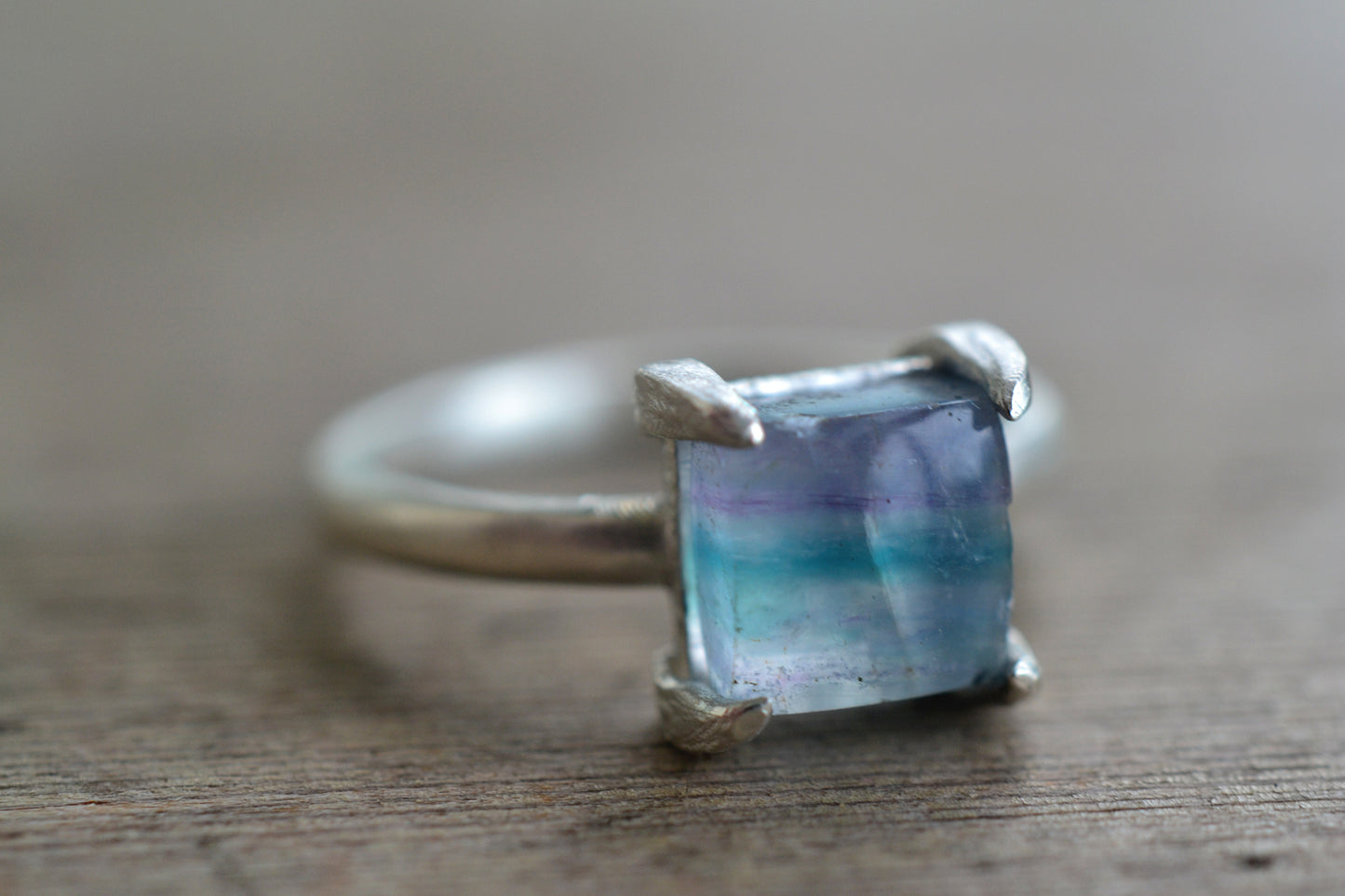 Square Cut Fluorite Ring in Sterling Silver